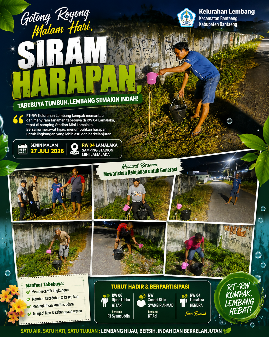 Malam Penuh Kepedulian! RT-RW Kelurahan Lembang Bersatu Menyiram Harapan melalui Tabebuya di Lamalaka